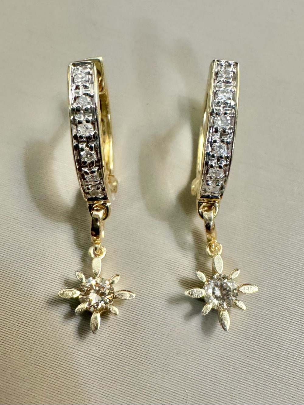 14K Yellow Gold Diamond Huggie Star Dangle Earrings